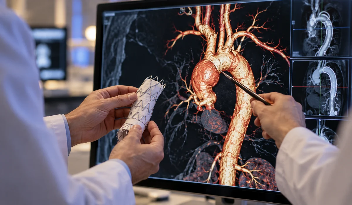 Especialistas revisan imagen de aorta torácica y una endoprótesis vascular