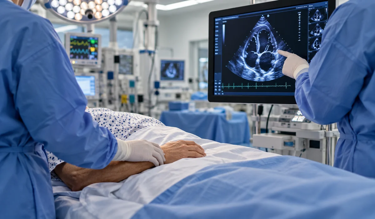 Personal médico acompaña a paciente mientras revisa imagen ecocardiográfica