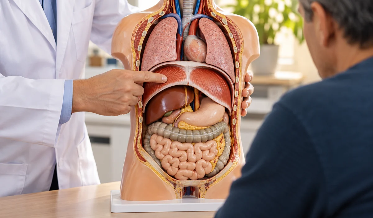 Médico señala el diafragma en modelo anatómico de torso durante explicación al paciente