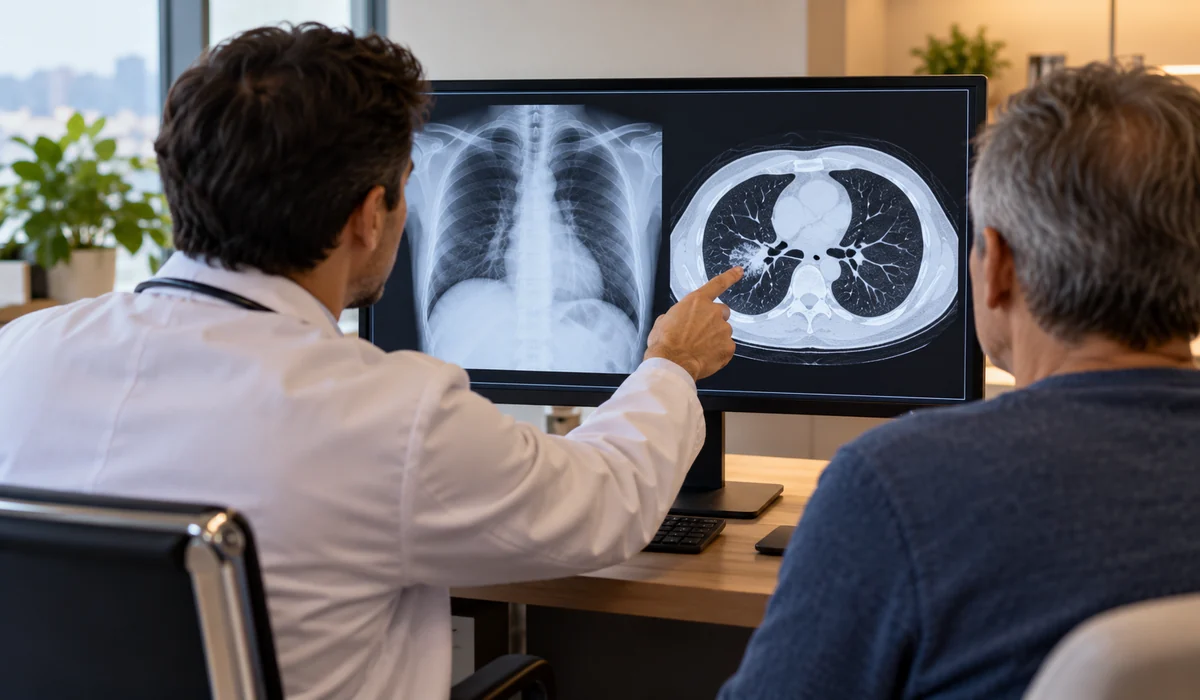 Médico y paciente revisan radiografía y tomografía de los pulmones en computadora