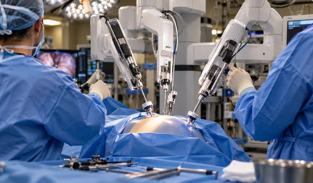 Profesionales preparan brazos de equipo de cirugía robótica torácica