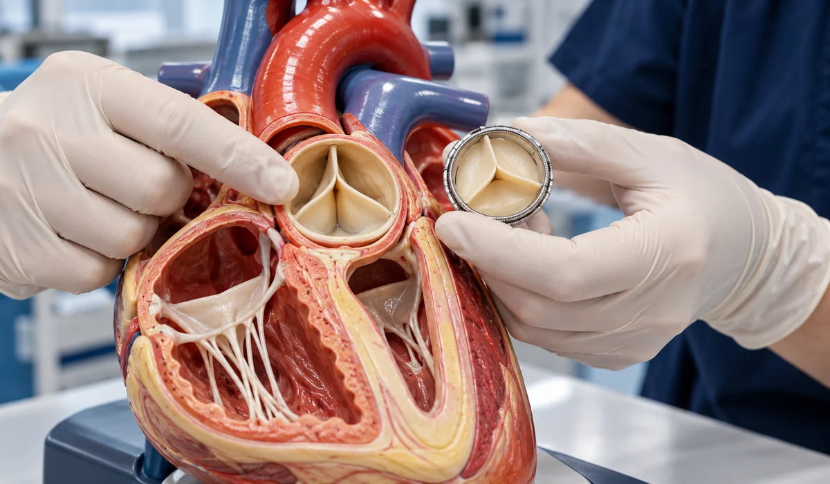 Manos comparan una prótesis de válvula cardíaca con un modelo anatómico del corazón
