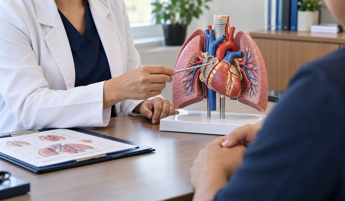 Profesional explica al paciente un modelo de corazón y pulmones en consulta cardiotorácica