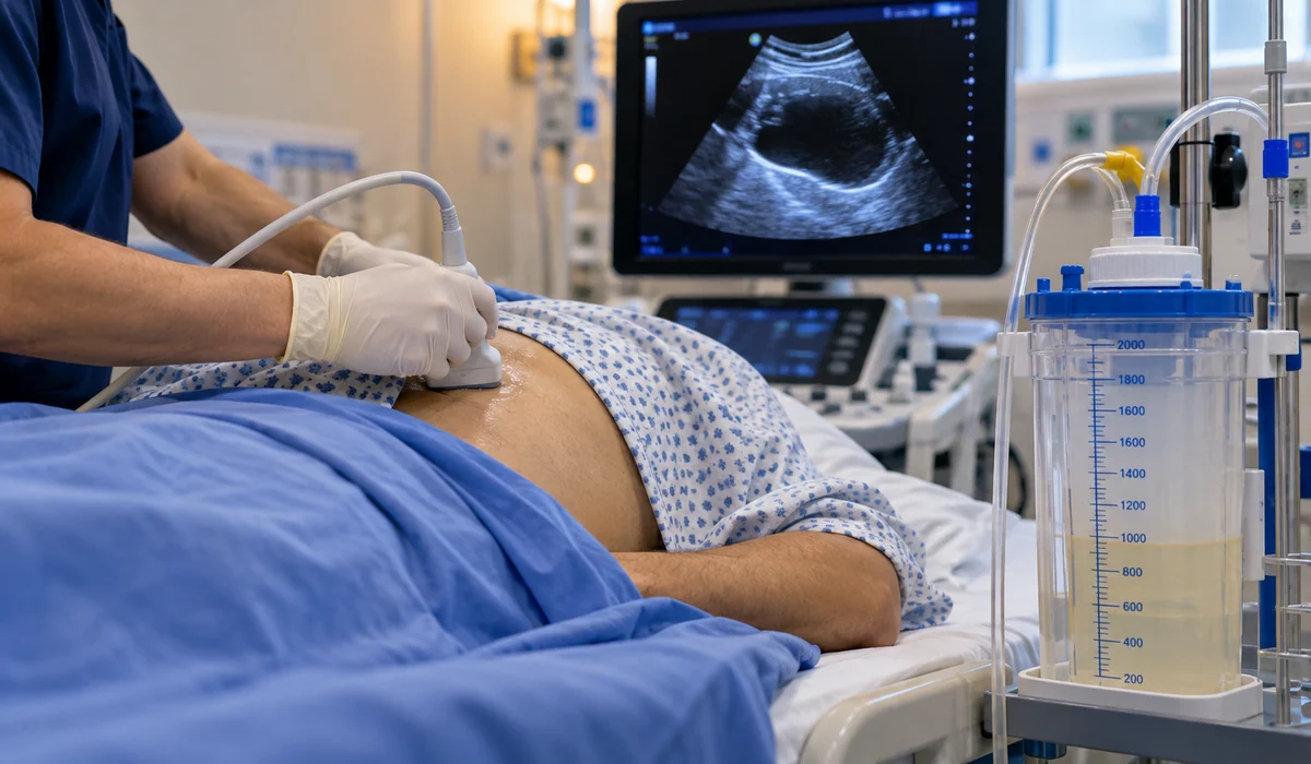Profesional realiza ultrasonido torácico junto a equipo de drenaje pleural